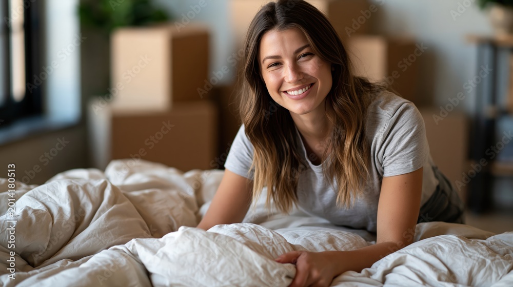 Fototapeta premium Young woman making bed in new apartment with moving boxes in background