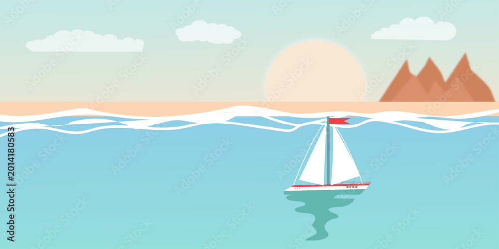 Naklejka premium Abstract minimal summer horizontal poster, cover, card with blue sea waves, yacht, mountains and modern typography. Summer holidays, journey, vacation travel illustration. Promo ads design template. 