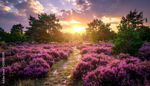 Sunset blooming heathland