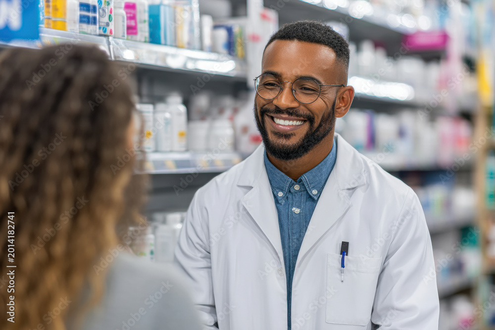 Fototapeta premium A friendly pharmacist smiles while assisting a customer in a well-stocked pharmacy.