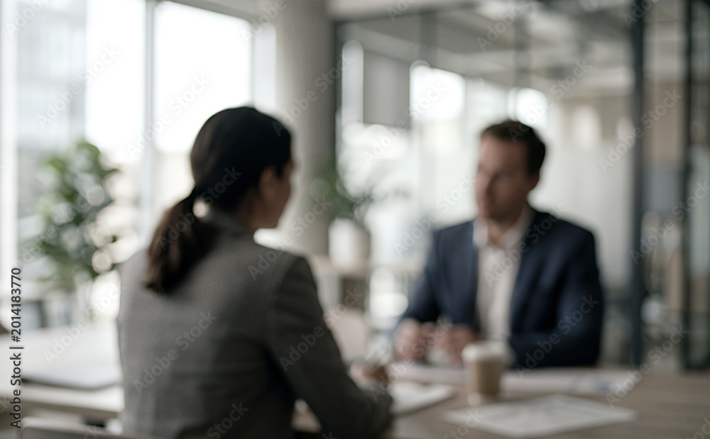 Fototapeta premium A professional meeting scene showing two individuals engaged in a discussion in a modern office setting with soft focus for depth.