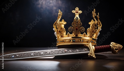golden crown rests beside ornate sword on dark surface royal regalia symbolizes power authority and potential conflict represents monarchy leadership and succession