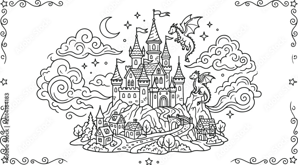 Obraz premium Medieval fortress landscape with flying dragons and crescent moon coloring page style.