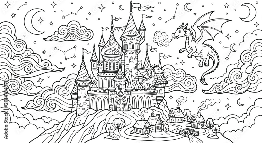 Fototapeta premium Magical Fairytale Castle with Flying Dragon Vector Illustration, Fantasy Kingdom Coloring Page for Kids