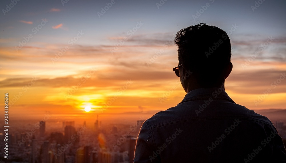 Fototapeta premium silhouette of a person watching sunrise over a cityscape