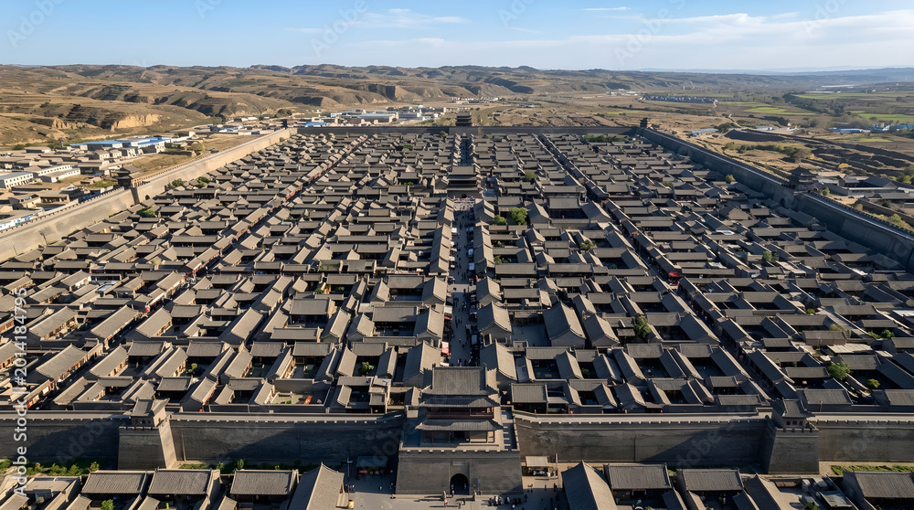 Fototapeta premium Aerial View of Ancient Chinese City with Traditional Architecture and Vast Landscape.
