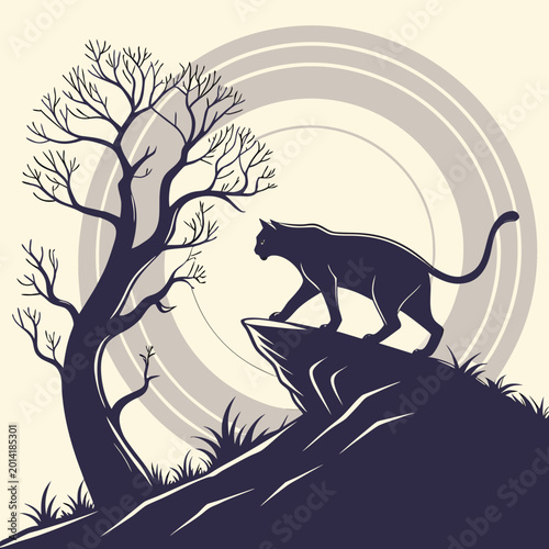 Canvas Print Black panther silhouette prowling on rocky cliff.