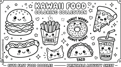 Printable fast food activity sheet with cute characters and donut worry quote.