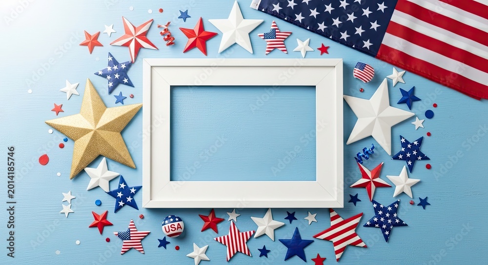 Obraz premium Fourth of july patriotic decor with empty frame and american flag