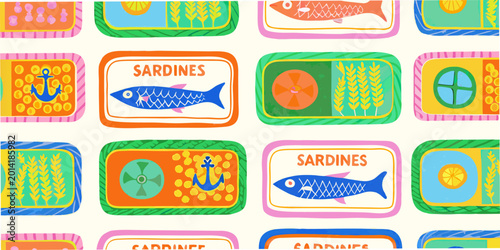 Cuadro en lienzo Sardine can pattern colorful retro style illustration on white background