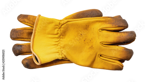 Quadro em tela Isolated pair of dirty yellow work gloves, well-worn and soiled from hard manual