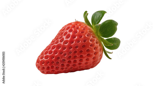 Tableau sur toile Isolated fresh red ripe strawberry with green leaves, healthy sweet fruit close-