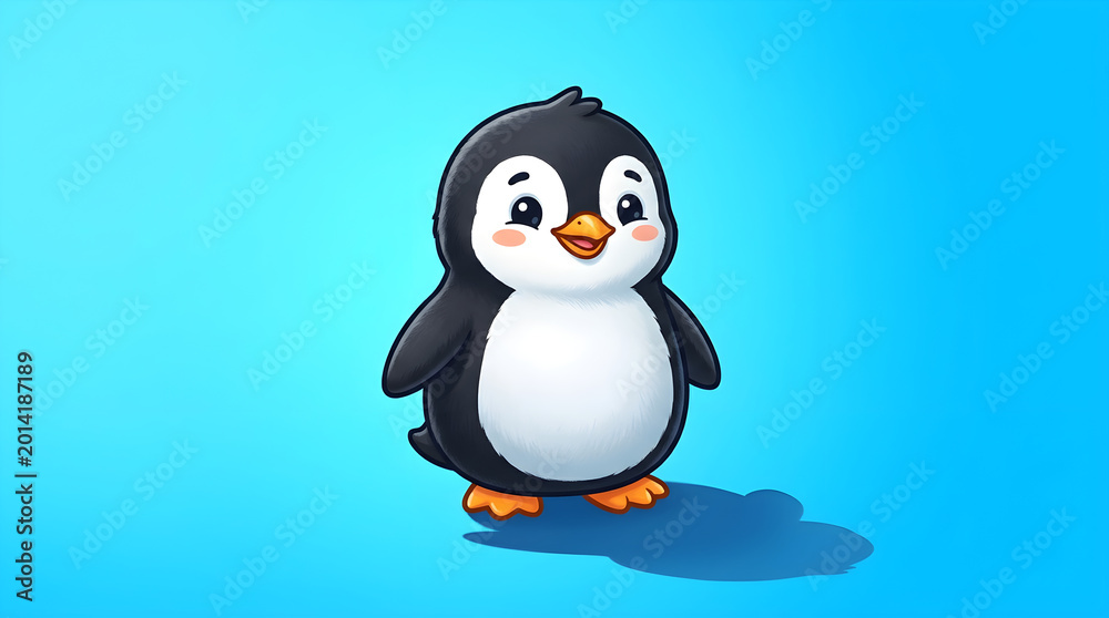 Obraz premium Cute Cartoon Penguin Standing on Blue Background with Shadow.
