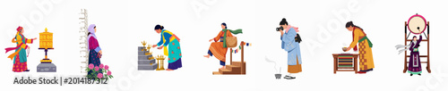 Foto Collection of vector illustrations depicting women in various Asian traditional costumes engaged in cultural, religious, and everyday activities