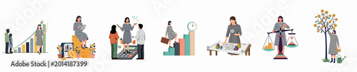 Photos Set of business and financial management conceptual illustrations featuring a professional woman managing investments, growth, time, and real estate