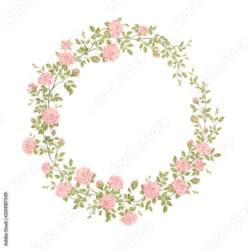 Watercolor vintage frame of delicate branches with pink roses, buds and green leaves. Isolated wreath for invitation or greeting cards, message or background in your design, hand-drawn floral print.
