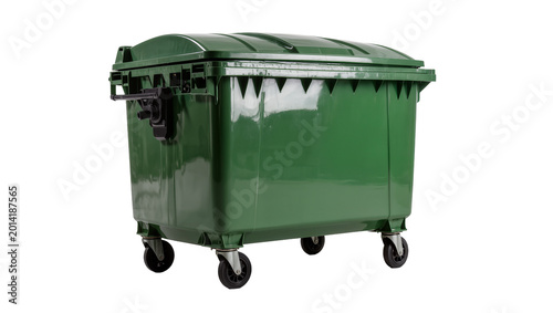 Bild auf Leinwand Isolated large clean green plastic wheeled waste bin with closed lid for modern garbage collection