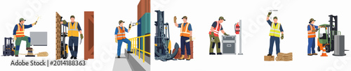 Foto Collection of logistics and port workers in safety gear performing various tasks like operating forklifts, signalling, and managing cargo in a warehouse setting