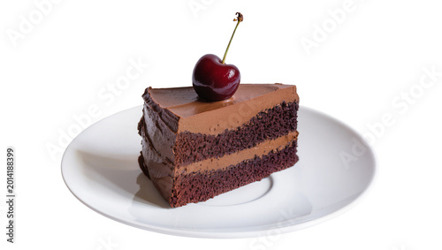 Bild auf Leinwand Isolated delectable chocolate cake slice with rich frosting and fresh cherry on