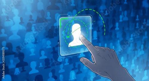 Businessman hand pointing at glowing holographic icon of client profile. Concept of marketing automation system for audience targeting personalization and digital customer engagement.