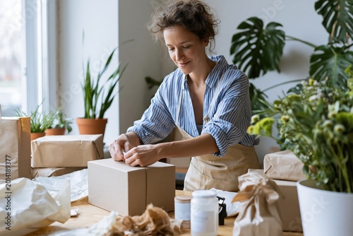 Eco-friendly small business owner packs zero waste products in natural light