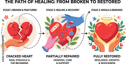 Bild auf Leinwand The path of healing infographic featuring stages of emotional recovery from broken heart to restoration mending care support resilience growth and mental wellness wholeness vector illustration