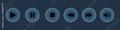 Media player control buttons with play pause stop rewind fast forward and volume icons in glass style.