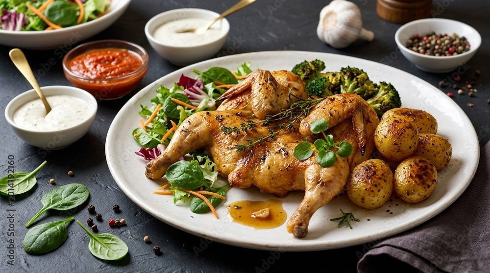 Fototapeta premium Herb Roasted Whole Chicken with Potatoes and Broccoli on White Plate