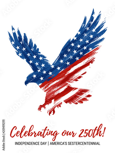 Celebrating Our 250th Independence Day America's Sestercentennial Flying Bald Eagle American Flag Watercolor Brush Stroke Patriotic T-Shirt Vector Design Isolated on Transparent Background