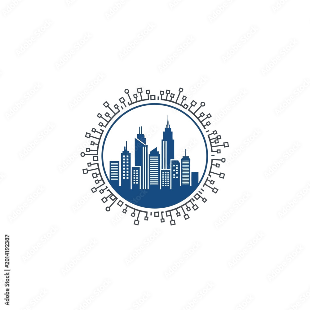 Fototapeta premium Smart City Buildings within Circular Digital Circuit Board Pattern on isolated white background