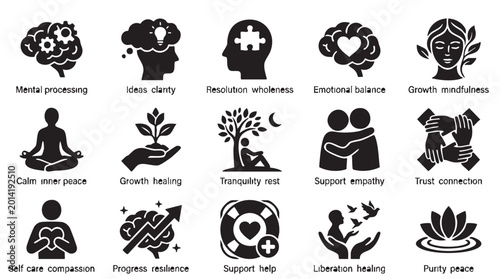 Black mental health and wellness icons on white background in simple minimalist style with clear emotional balance for psychology or healthcare website
