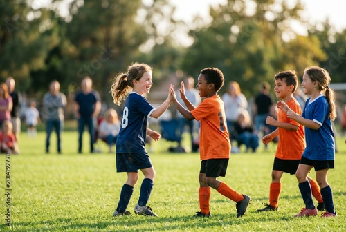 Diverse group of happy children celebrating with a high-five during a youth soccer match on a sunny field