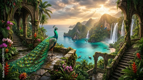 Majestic Peacock in a Lush Tropical Paradise with Waterfalls.