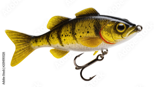 Foto Isolated yellow and black spotted fish-shaped fishing bait with hook, angling equipment