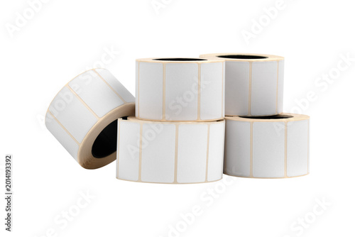 A roll of thermal printer labels on a white background. Close-up of the printer labels on a white background.