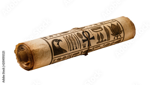 Photos Isolated antique Egyptian papyrus scroll with hieroglyphs tied with string old d