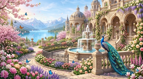 Enchanting Palace Garden with Peacock and Blooming Flowers by Serene Lake.