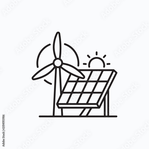Linear Vector Graphics of a Windmill and Photovoltaic Solar Array Unit with a Rising Sun Representing Hybrid Renewable Power Generation Utilities