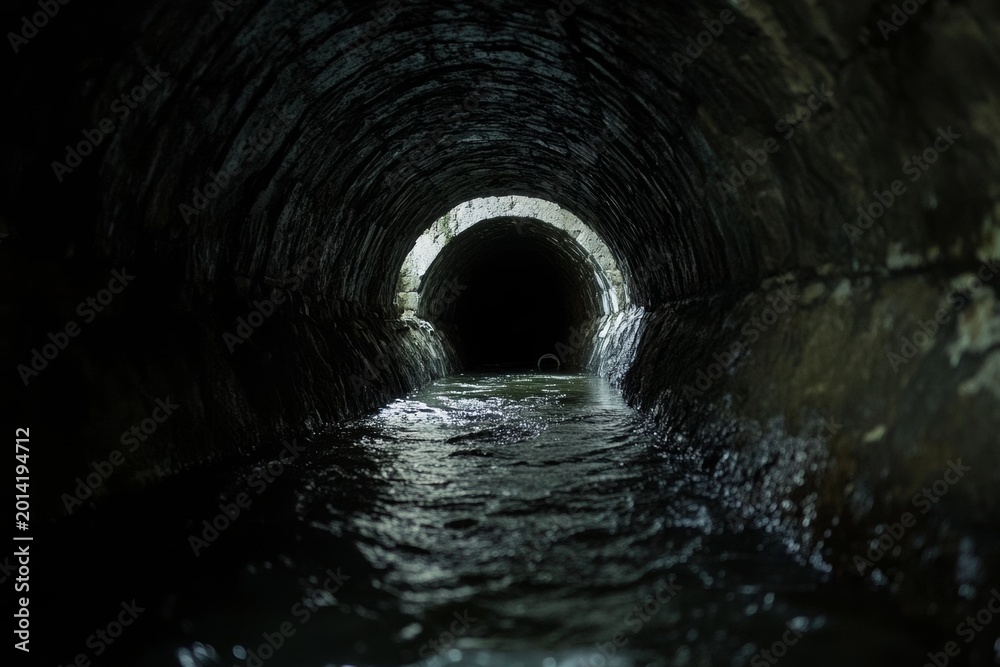 Obraz premium Dark tunnel with murky water flowing through, creating an eerie and mysterious scene at night