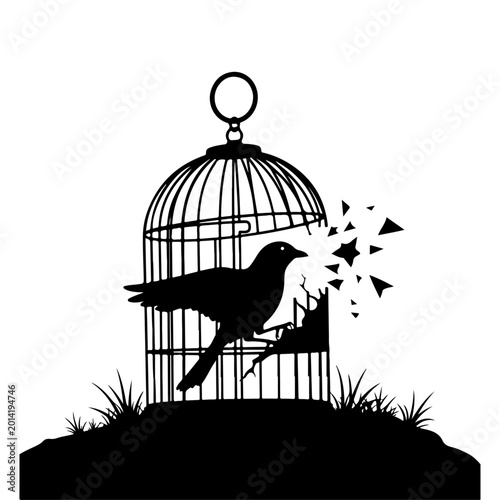 Fotografi Silhouette of a bird escaping a broken cage