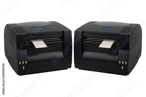 Label printer on a white background. Close-up of a thermal printer on a white background.