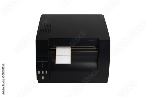 Label printer on a white background. Close-up of a thermal printer on a white background.