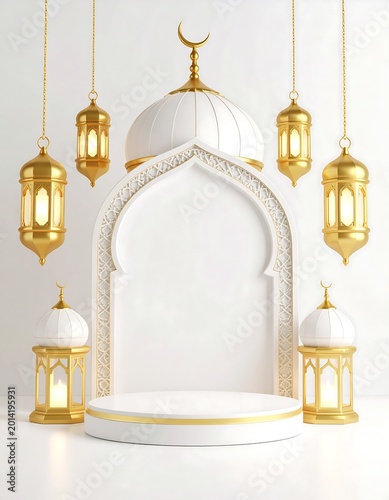 Islamic podium display with ornate arches and lanterns