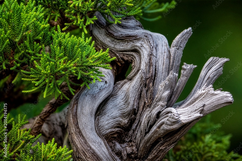 Fototapeta premium Gnarled Juniper Bonsai Trunk showcasing twisted deadwood and vibrant green foliage, symbolizing ancient resilience and natural beauty.