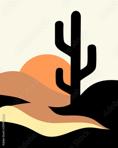 Desert Landscape With Cactus Silhouette And Sunset Over Rolling Sand Dunes