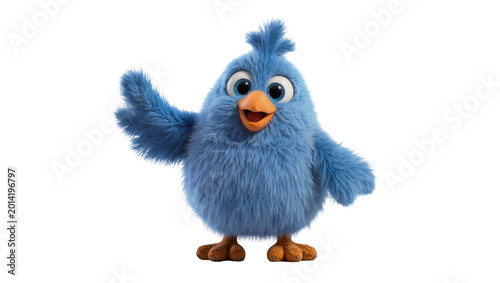 Isolated fluffy blue cartoon bird character waving hand in a cheerful gesture
