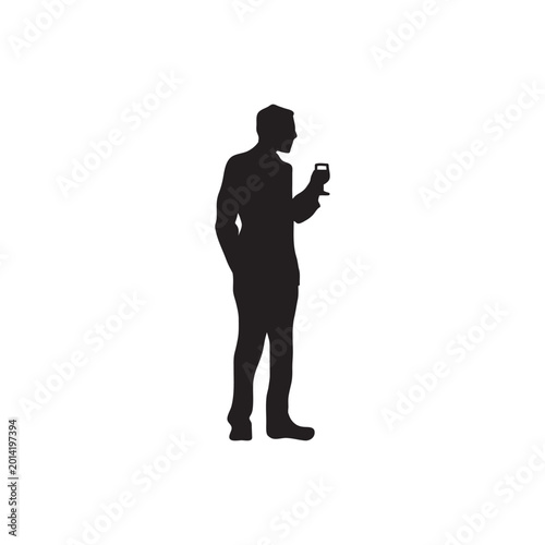 Black silhouette man, person holding smartphone, mobile phone user, standing figure vector, icon, eps,