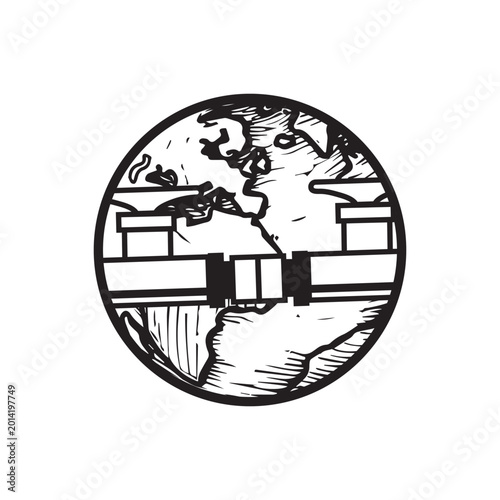 Vintage world map, hand-drawn illustration, black and white, circular design, geographic symbol vector, icon, eps,