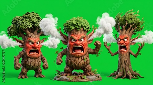 Three Angry Cartoon Trees with Smoke and Furious Expressions.
