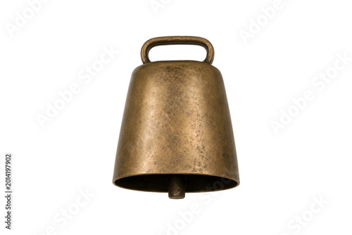 Fotografija Antique brass cow bell isolated on white background, vintage livestock accessory